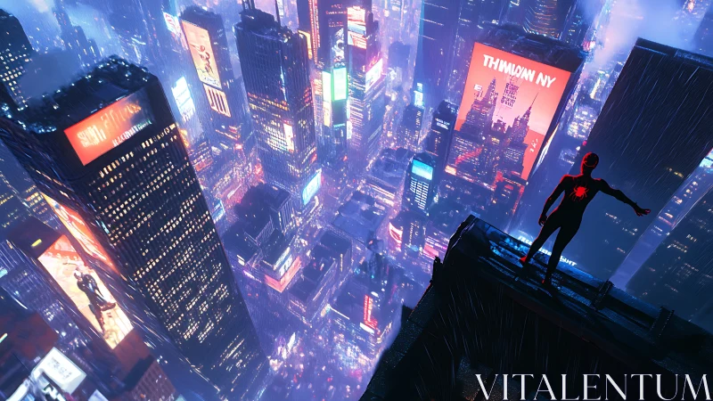 Silhouette hero overlooking neon rain-soaked megacity skyline.