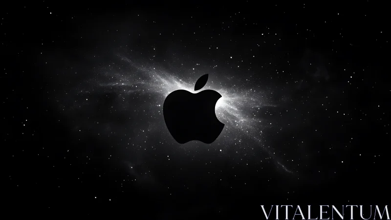Monochrome apple silhouette aligned with galactic starburst field.
