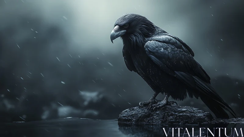 Stormlit raven on wet rock in moody monochrome rain scene.