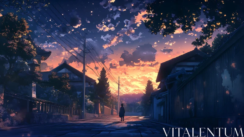 Twilight streetscape frames solitary figure in cinematic perspective