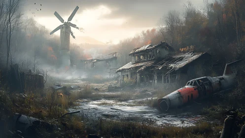 Derelict jet and windmill dominate misty rural ruins