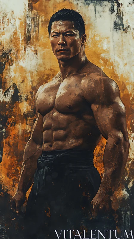 Muscular male torso study against abstract ochre backdrop.