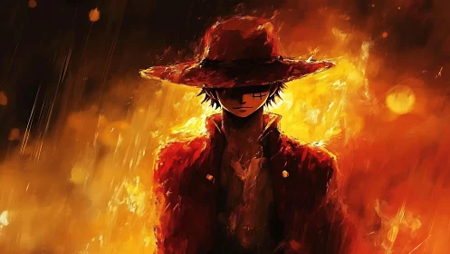 Digital painting of lone figure in fiery chiaroscuro field.