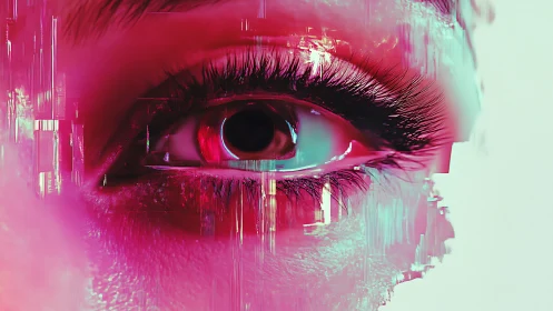 Human eye close-up with digital glitch overlay in pink tones.