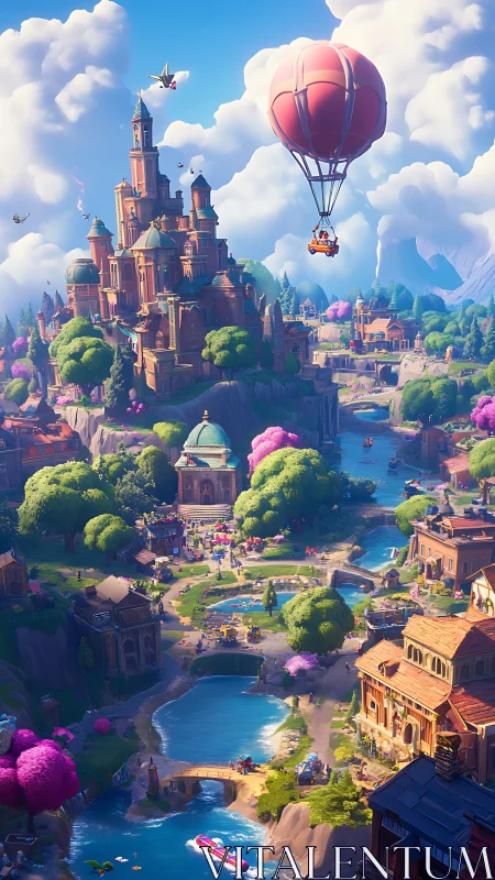 Vertical fantasy river cityscape shows castle and hot air balloon