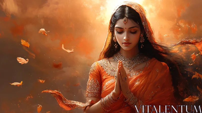 Digital portrait of praying woman in ornate sari with dynamic bokeh lighting