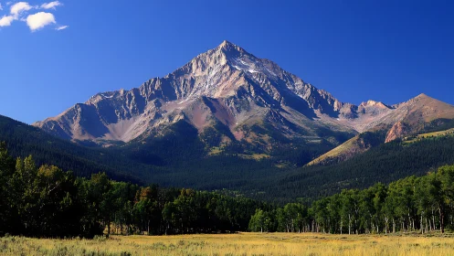 High-altitude stratified mountain massif over conifer valley