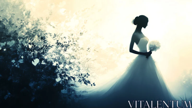 Silhouetted bride stands in glowing garden haze at dusk