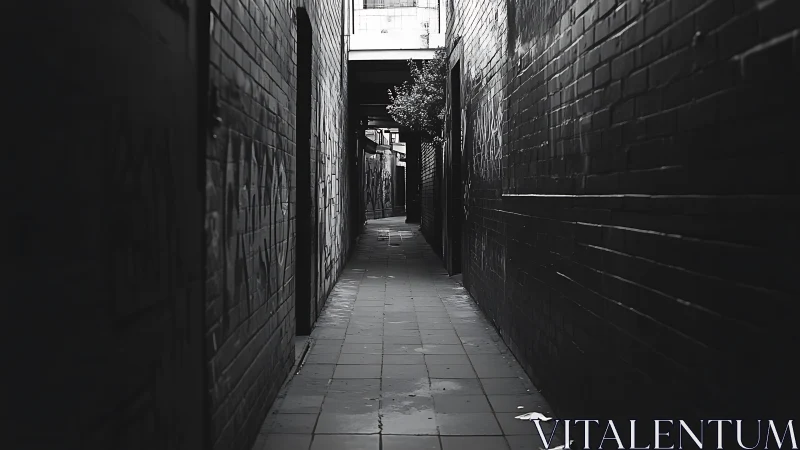 Narrow graffiti alleyway fades into distant city light.