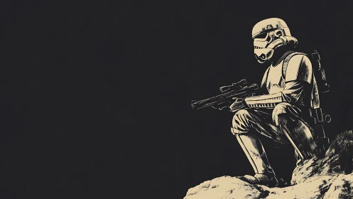 Stormtrooper soldier crouches armed on rocky outcrop at night