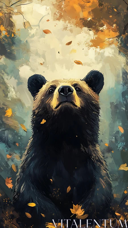 Autumn crowned bear gazes skyward in swirling golden forest.