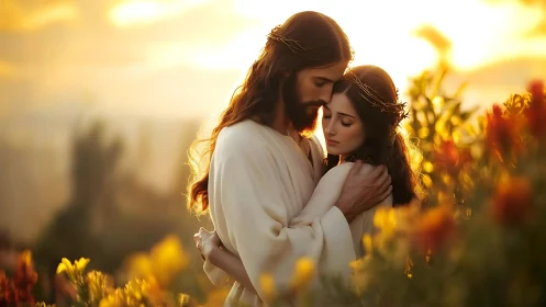 Couple Embracing in Golden Sunlit Wildflower Field.