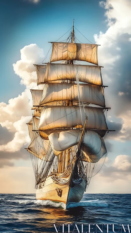 Majestic tall ship under full canvas on sunlit open sea.