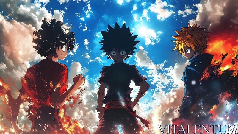 Triad of anime fighters framed by flaming cloudscape.