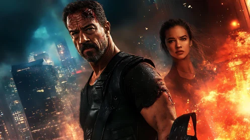 Battle-scarred vigilante stalks neon inferno of burning city.