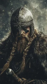 Viking warrior portrait in storm with braided beard and helm.