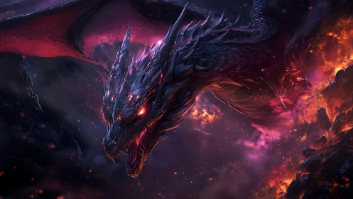 Volcanic-winged obsidian dragon amid incandescent plasma storm.