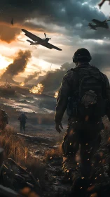 Soldiers advance across burning battlefield at sunset.