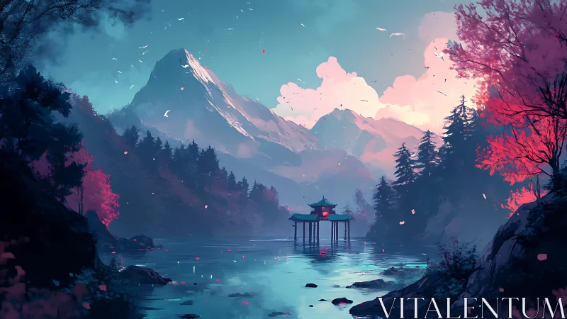 Twilight mountain lake with quiet lantern-lit pavilion.