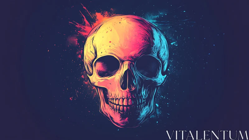 Human skull illustration with dual neon color lighting effect.