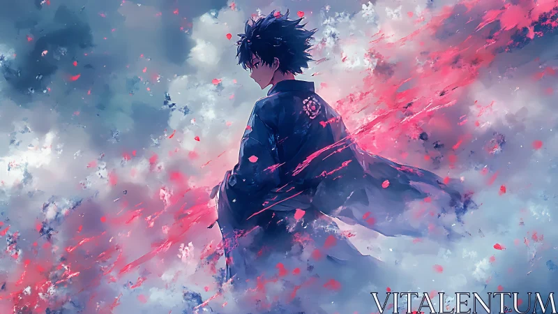 Anime boy in dark robe stands amid swirling red clouds