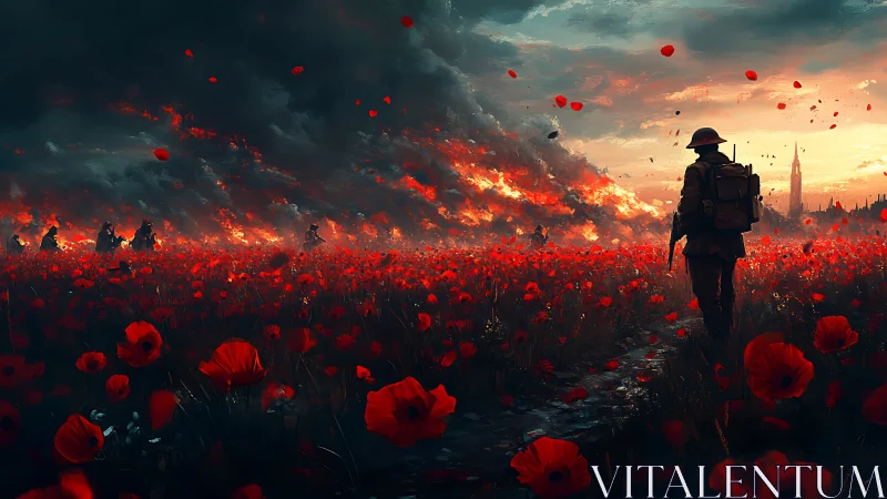 Soldier crossing red poppy field under burning war sky.