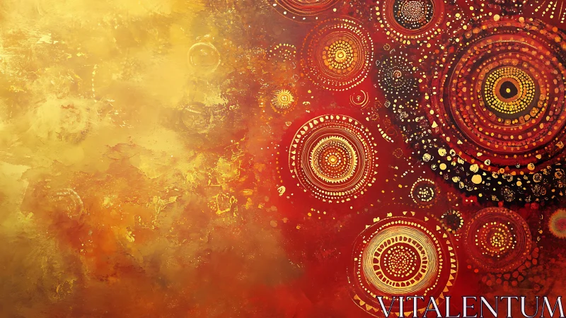 Radial mandala orbits on molten gold and crimson ground.