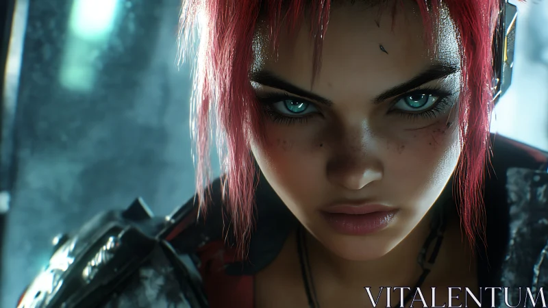 Cyberpunk warrior locks eyes with viewer in neon-lit stare.