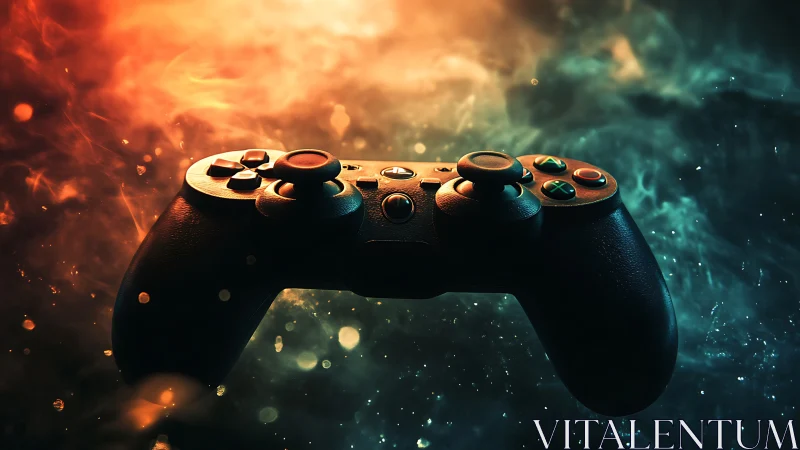 Black game controller displayed against contrasting warm and cool light effects.