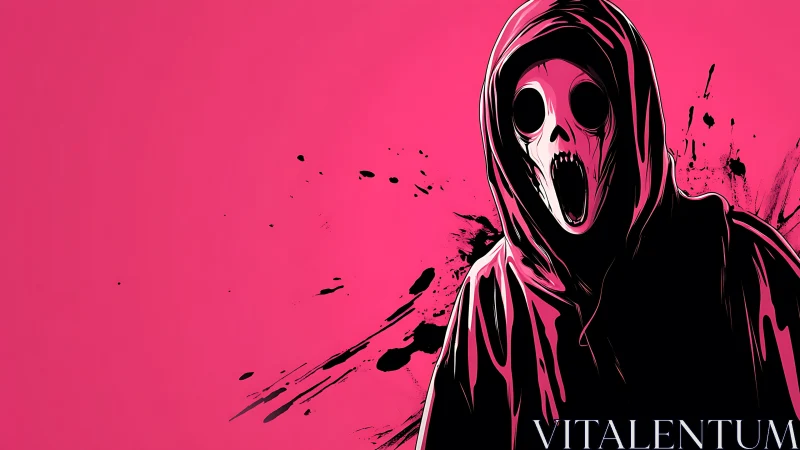 Hooded skull figure on neon pink horror splash background.