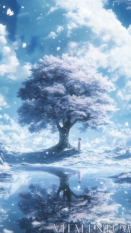 少女 standing by lone pastel tree with mirrored reflection