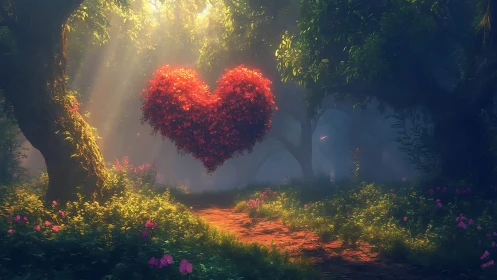 Glowing Heart Suspended in Enchanted Forest.