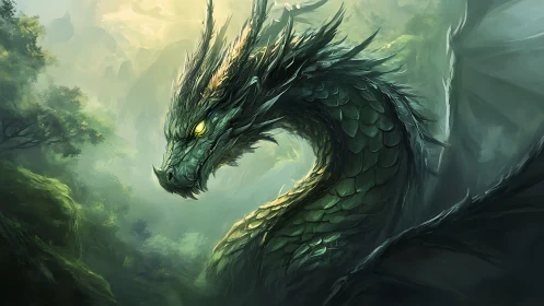 Green dragon twists through misty forest valley landscape