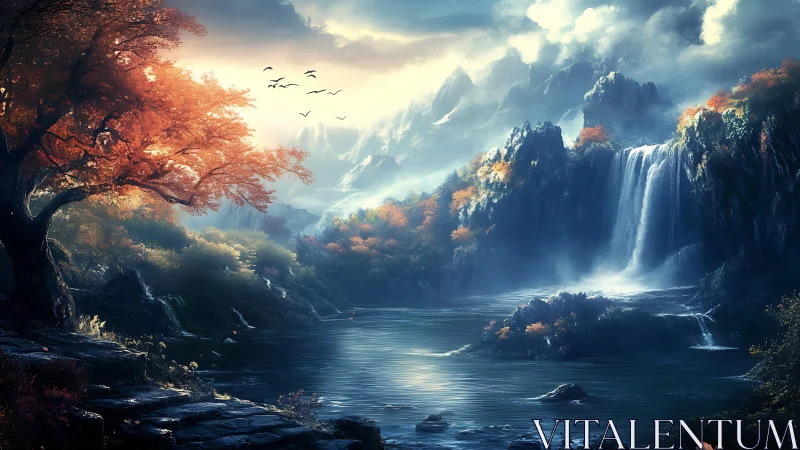 High dynamic range fantasy valley with cascaded waterfall lighting