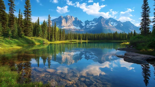 Mountain lake reflects pines and rugged snowcapped peaks.