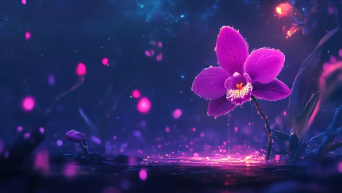Enchanted orchid glowing softly in a dreamy night pond.
