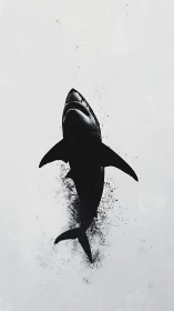 Minimalist shark silhouette bursting through abstract spray.