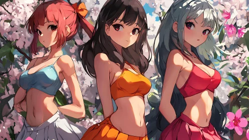 Three anime girls stand in bikinis before dense pink blossoms