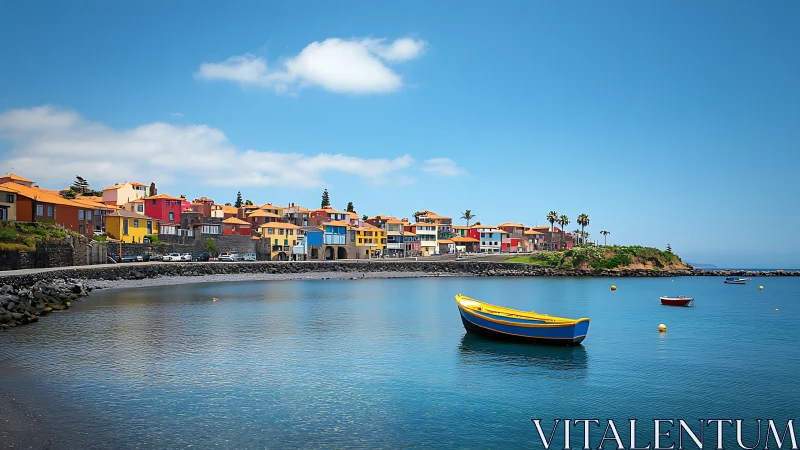 Colorful coastal village with calm bay and moored boats