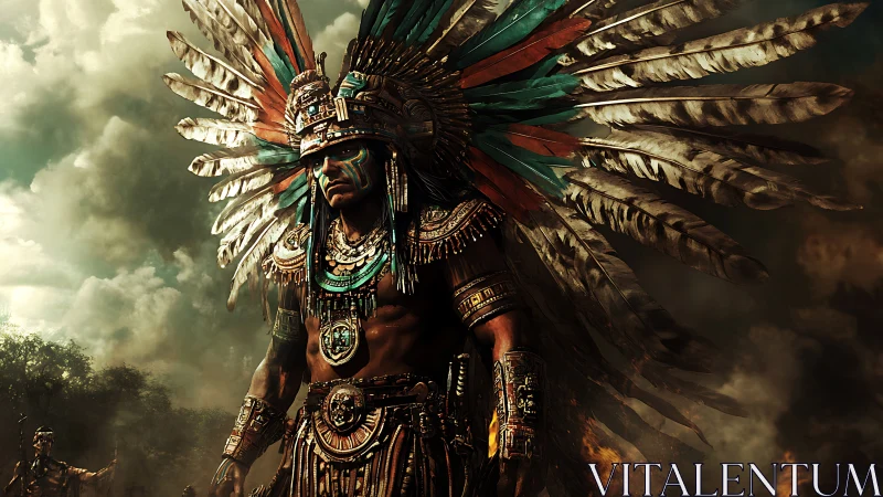 Majestic feathered warrior standing proud beneath stormy skies.