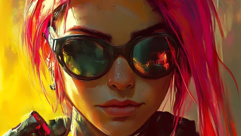 Cyberpunk woman with neon hair wears reflective sunglasses