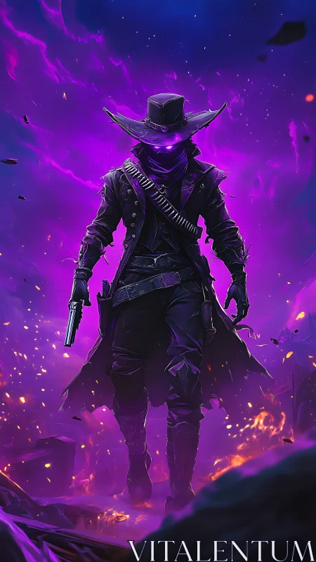 Masked gunslinger figure in glowing purple energy field.