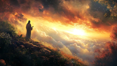 Robe-clad figure stands on hillside above glowing cloud sunrise