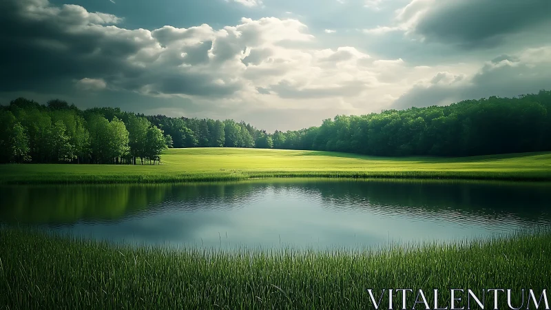 Sunlit meadow and reflective pond under dramatic storm clouds.