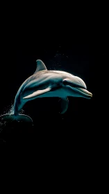 Dolphin cuts through dark water with dramatic rim lighting.