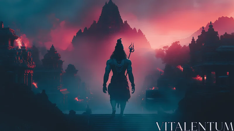 Silhouetted deity with trident amid burning temples at dusk.