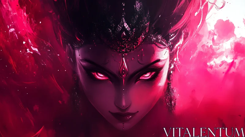 Mysterious crimson goddess gazing through swirling cosmic fire.