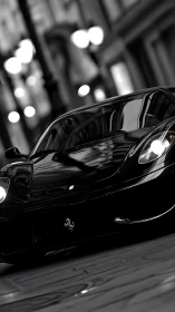 Black supercar cuts through blurred city night reflections.