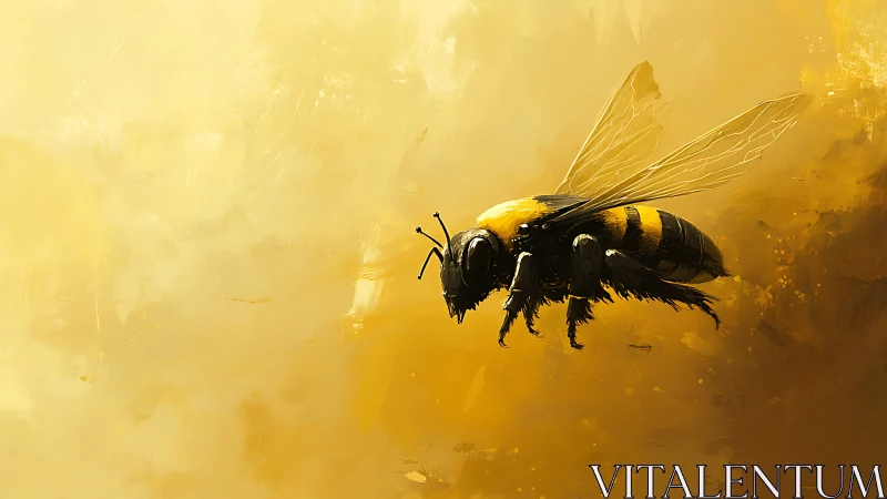 Honey bee side view on abstract golden background.