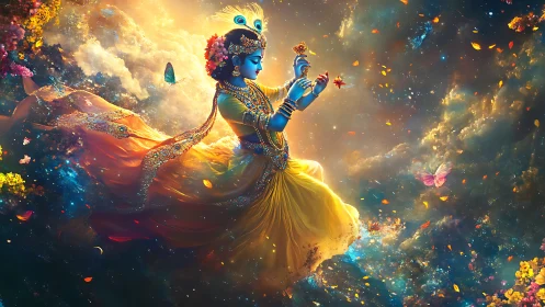 Celestial blue deity suspended in luminous cosmic floral vortex